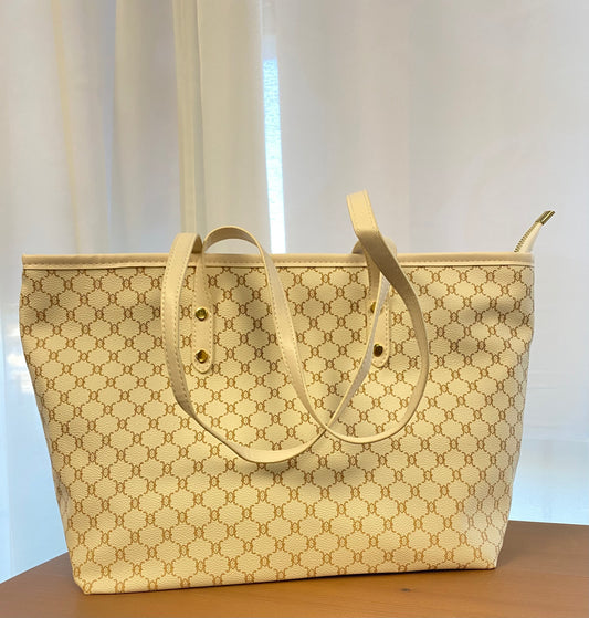 Grand Tote Bag - Blanc et beige